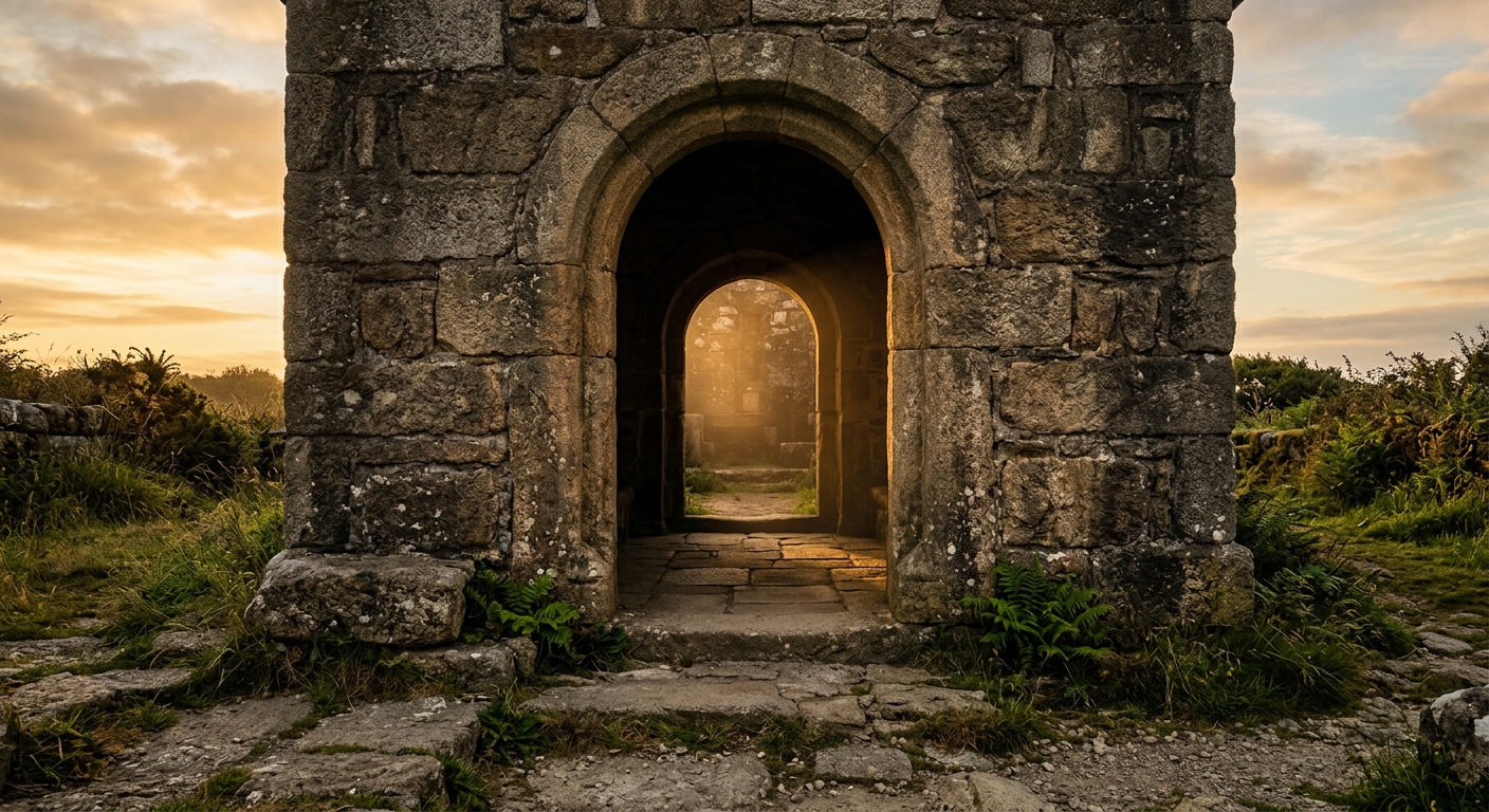 Ancient temple doorway in soft golden light